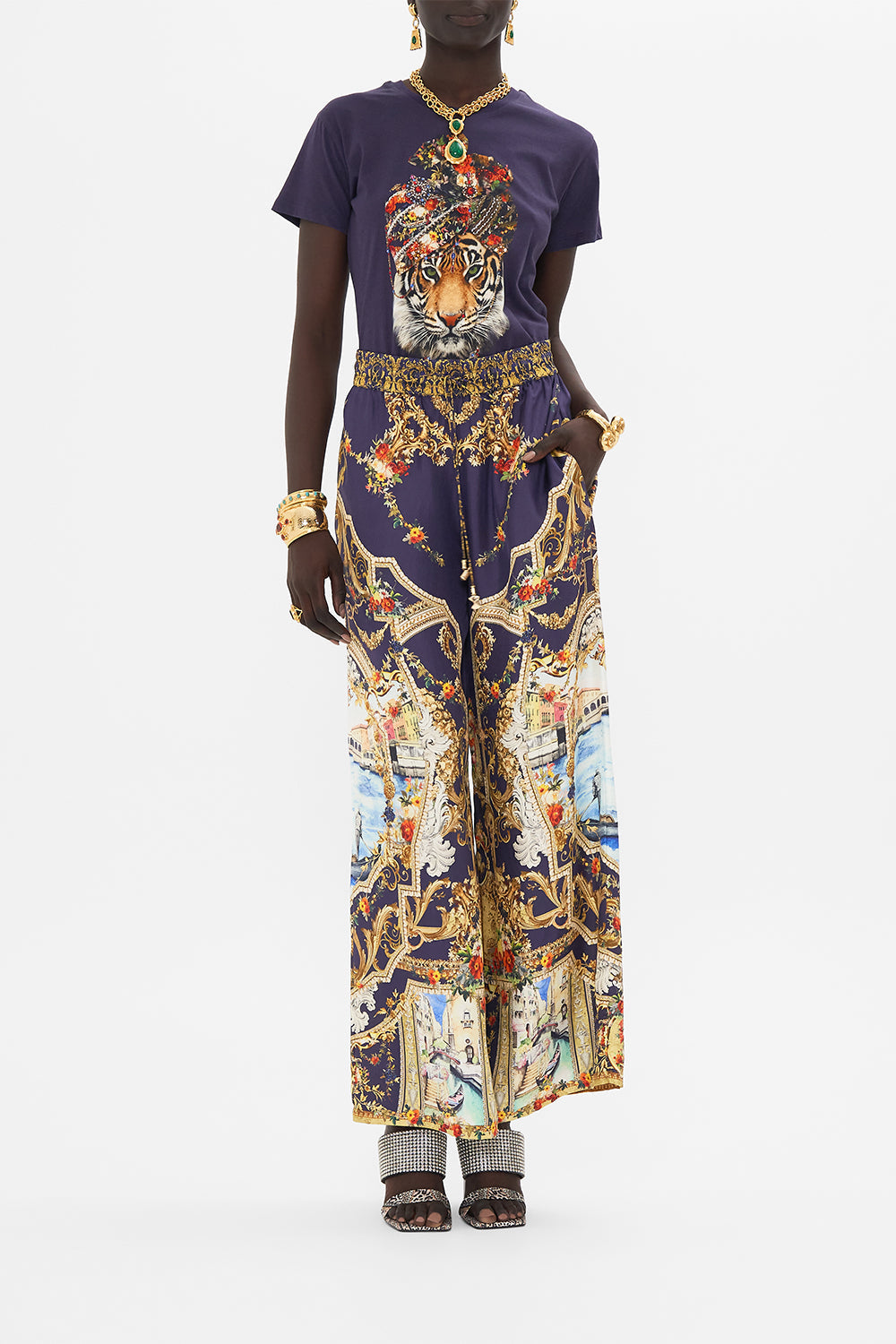 Front view of model wearing CAMILLA silk pants in Venice Vignette print