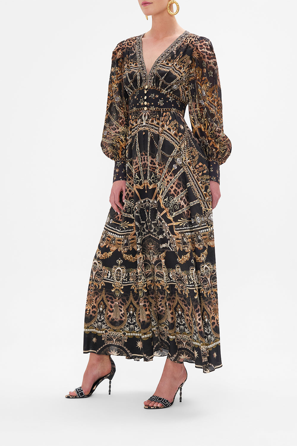 Side view of model wearing CAMILLA silk dress in Masked Moonlight print