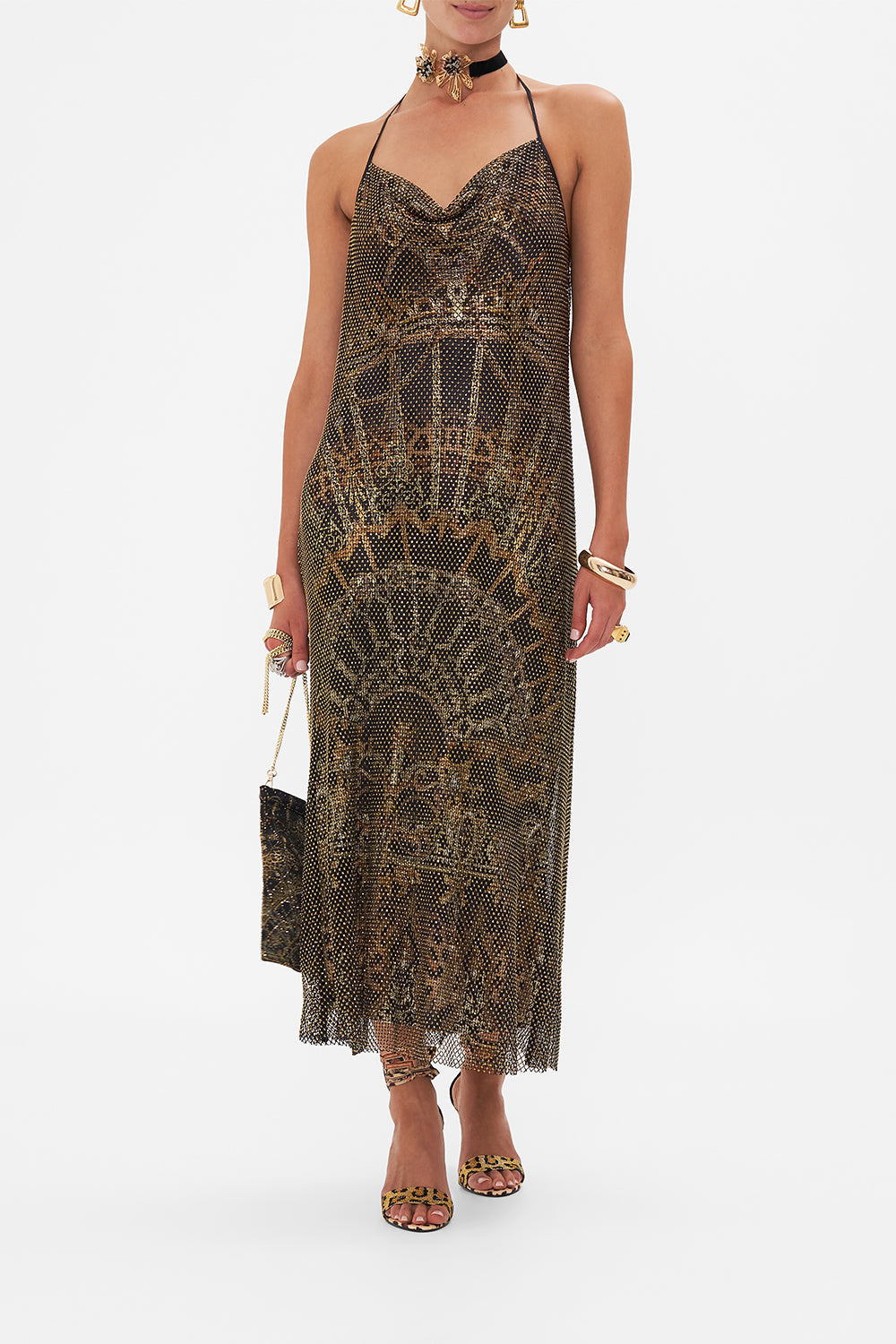 Front view of model wearing CAMILLA crystal mesh dress in Masked At Moonlight print