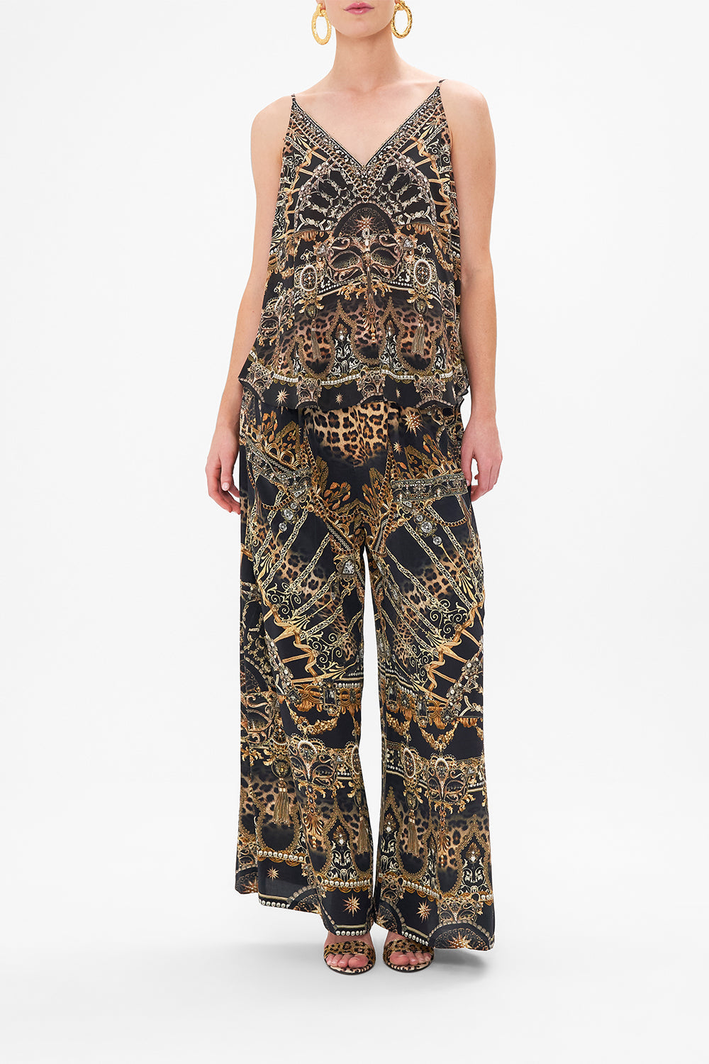 Front view of model wearing CAMILLA silk v neck cami in Masked at Moonlight print