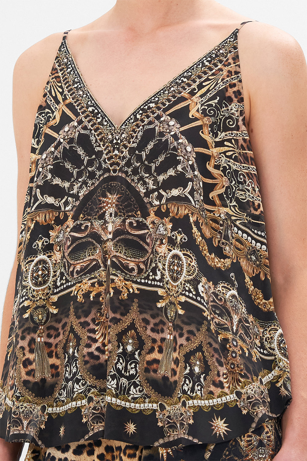 Detail view of model wearing CAMILLA silk v neck cami in Masked at Moonlight print