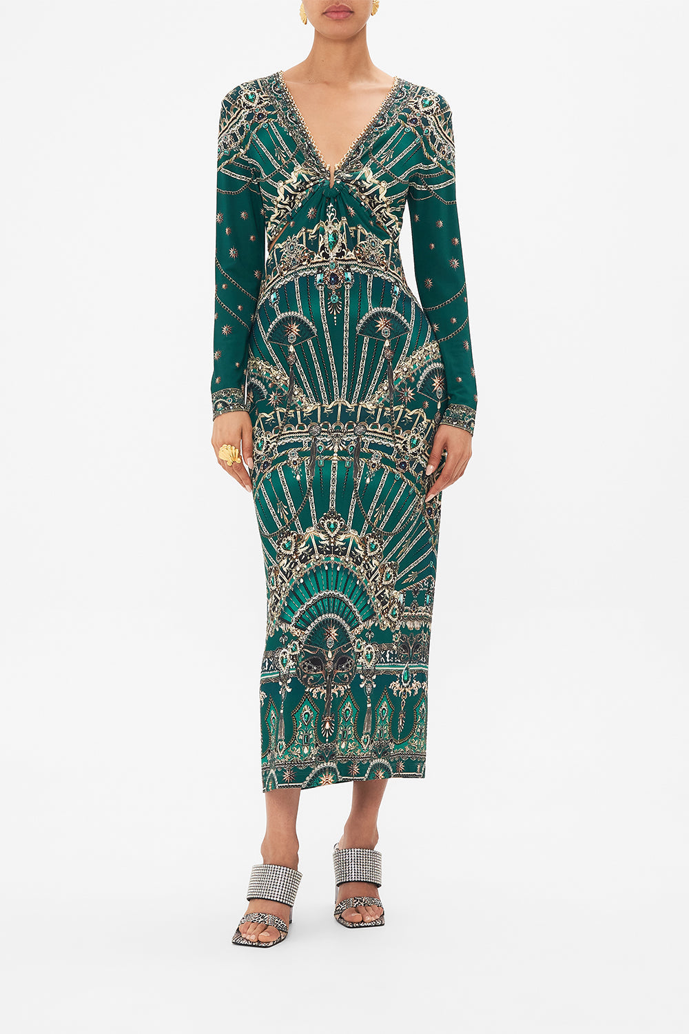 Front view of model wearing CAMILLA cut out green jersey dress in A Venice Veil print