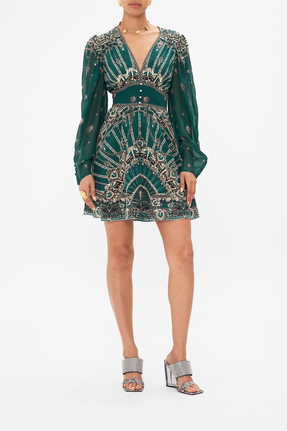 Front view of model wearing CAMILLA silk drop sleeve dress in A Venice Veil print