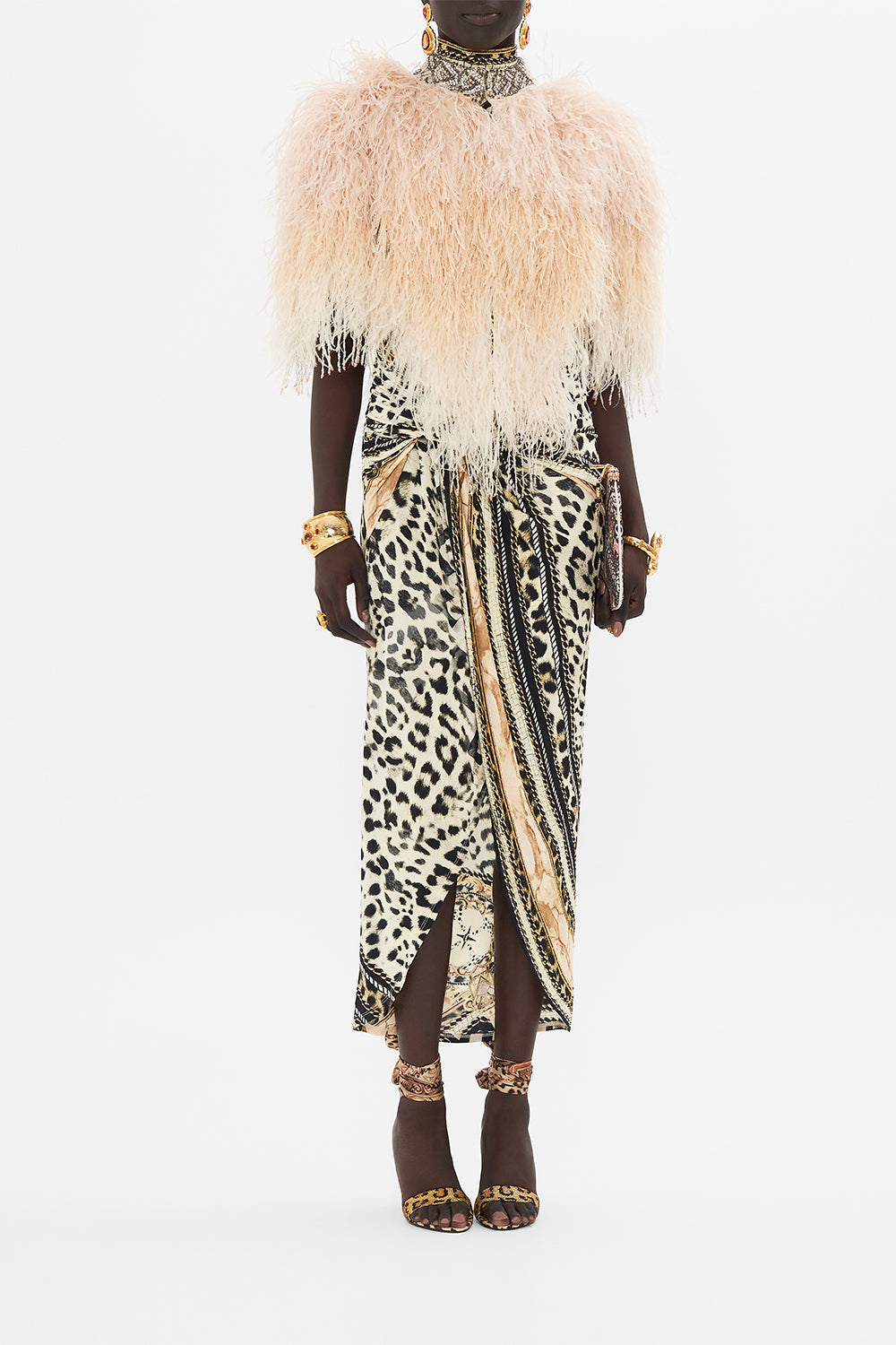 Front view of model wearing CAMILLA beaded feather gilet in Mosaic Muse