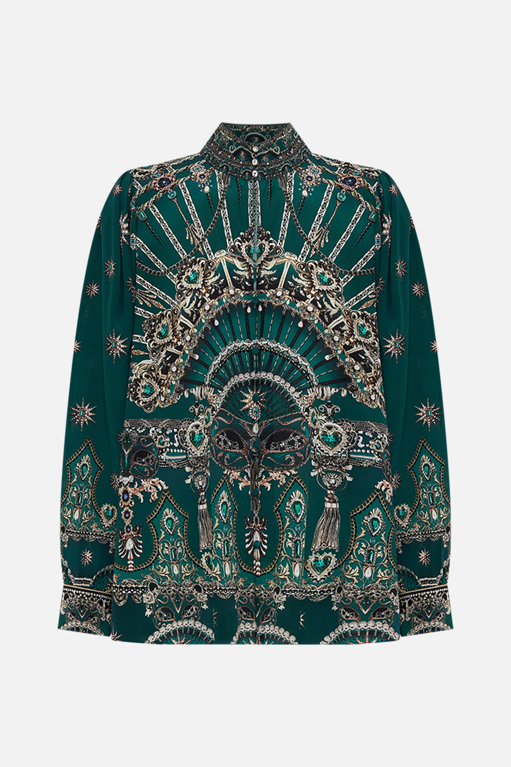 CAMILLA long sleeve green blouse in A Venice Veil print