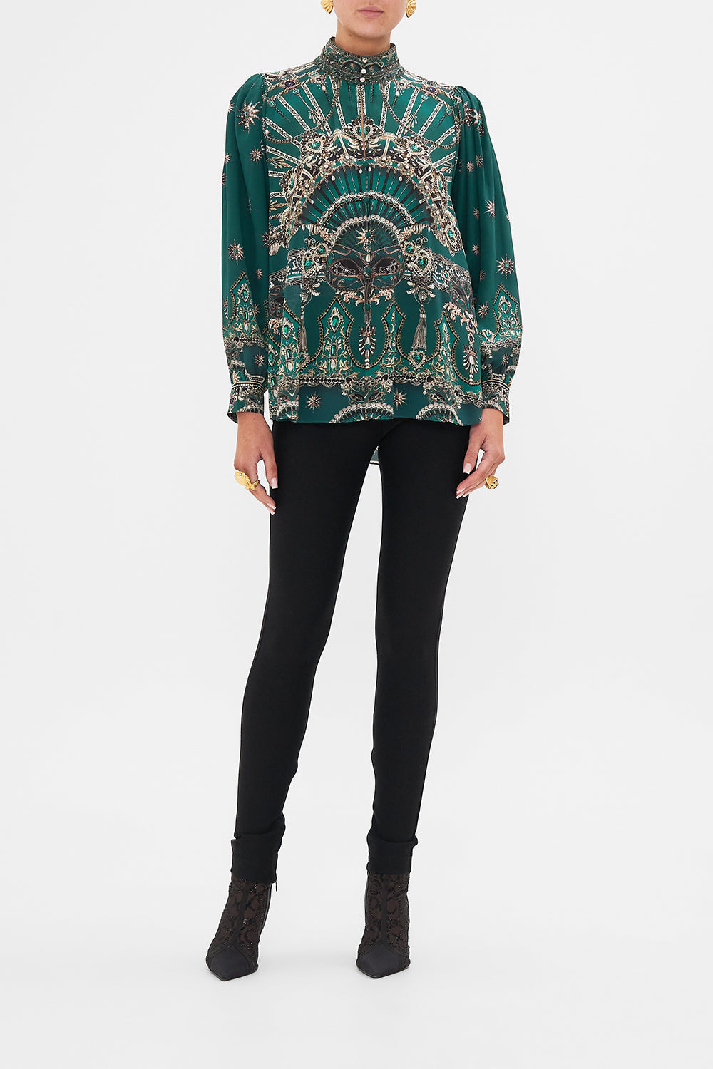 Front view of model wearing CAMILLA silk blouse in A Venice Veil print