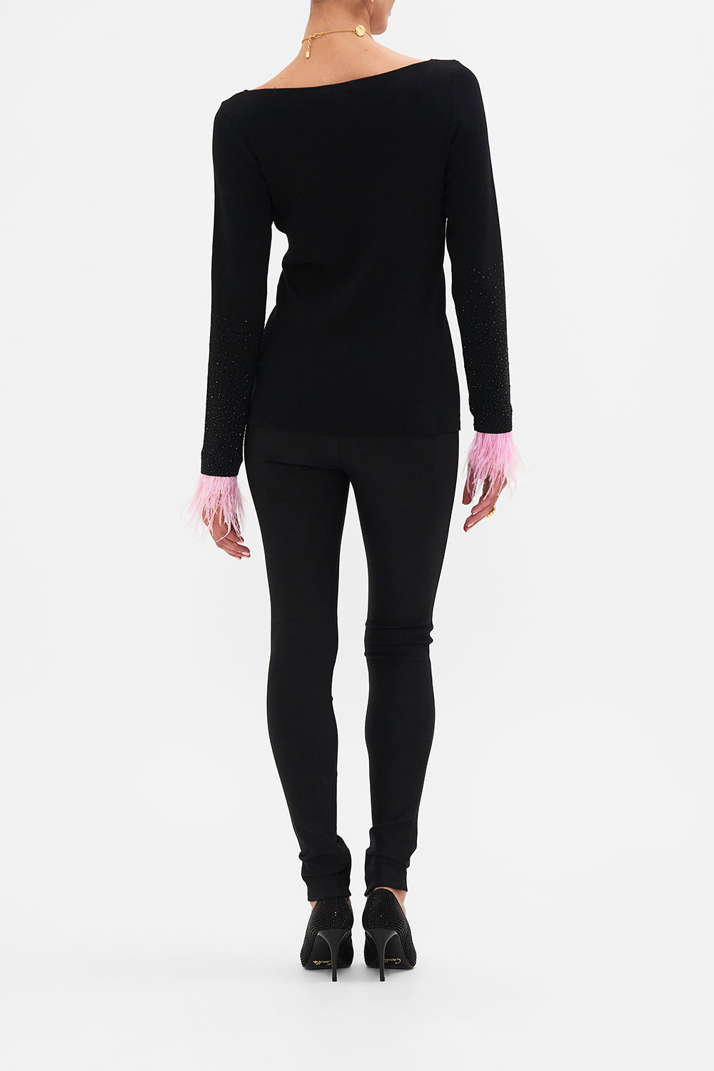 Back view of model wearing CAMILLA boat neck top in Florence Field Day print