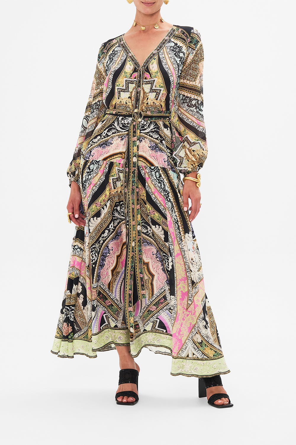 Front view of model wearing CAMILLA silk maxi dress in Florence Field Day print