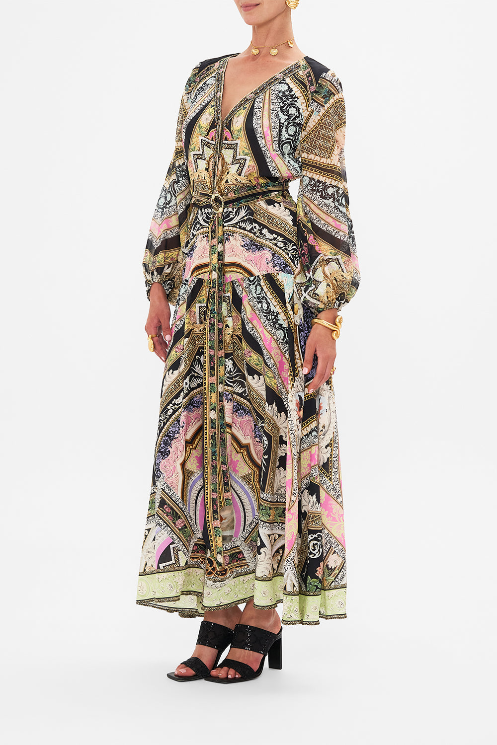 Side view of model wearing CAMILLA silk maxi dress in Florence Field Day print