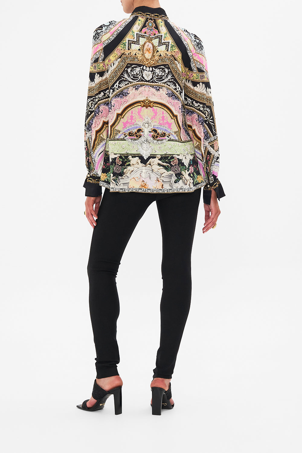 Back view of model wearing CAMILLA silk blouse in Florence Field Day print