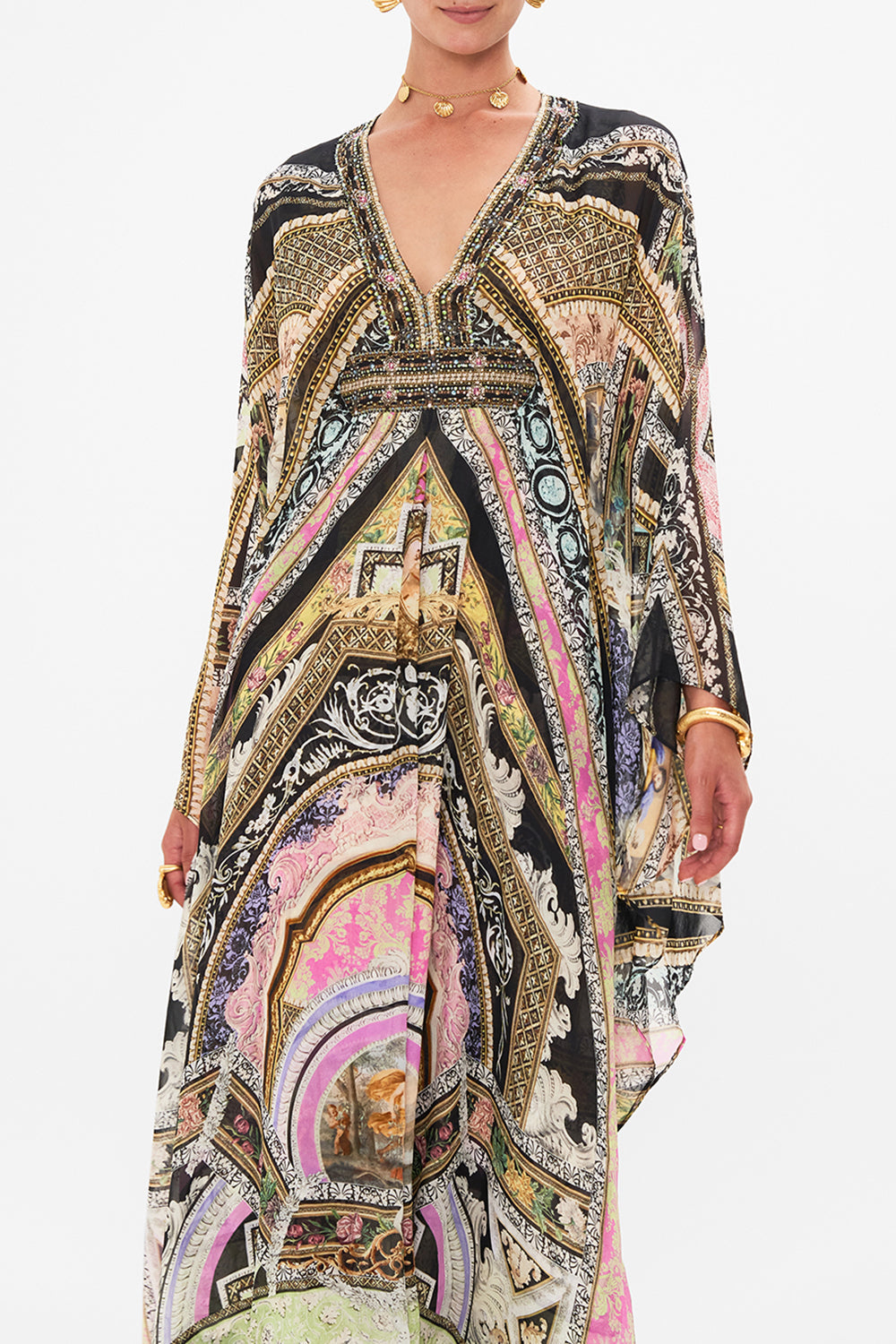 Crop view of model wearing CAMILLA silk kaftan in Florence Field Day print