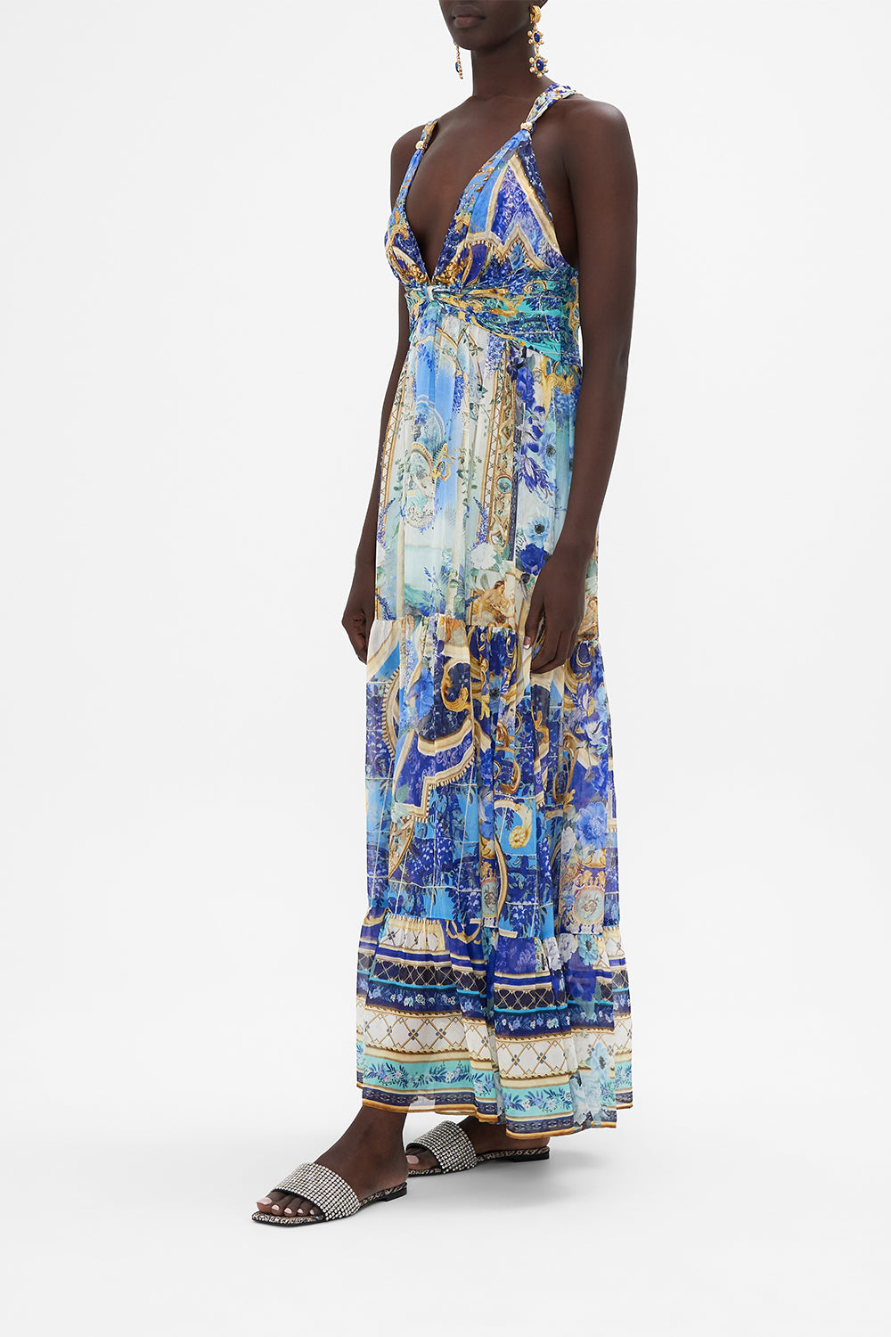 Side view of model wearing CAMILLA t back dress in Views Of Vesuvius print