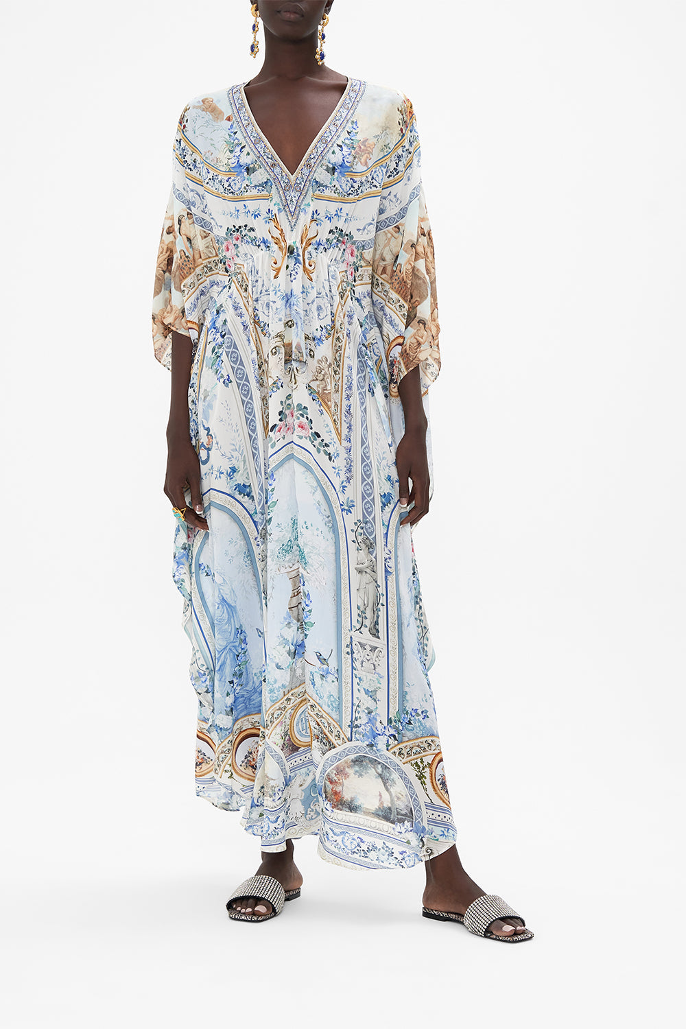 Front view of model wearing CAMILLA silk kaftan in Season of The Siren print