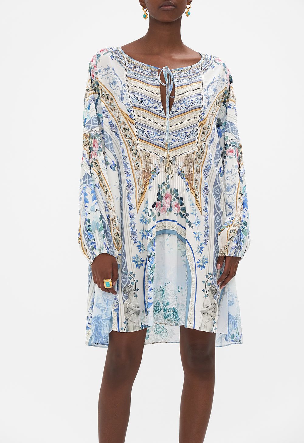 Crop view of model wearing CAMILLA a line silk dress in Season Of The Siren print