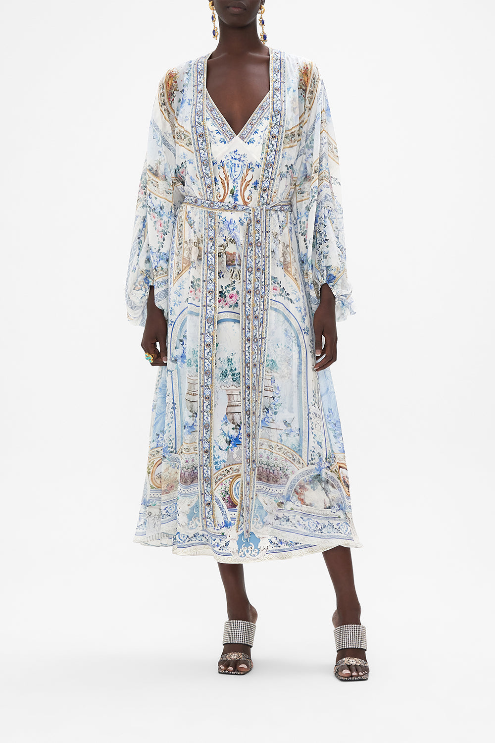 Front view of model wearing CAMILLA silk jacket in Season Of The Sirenprint