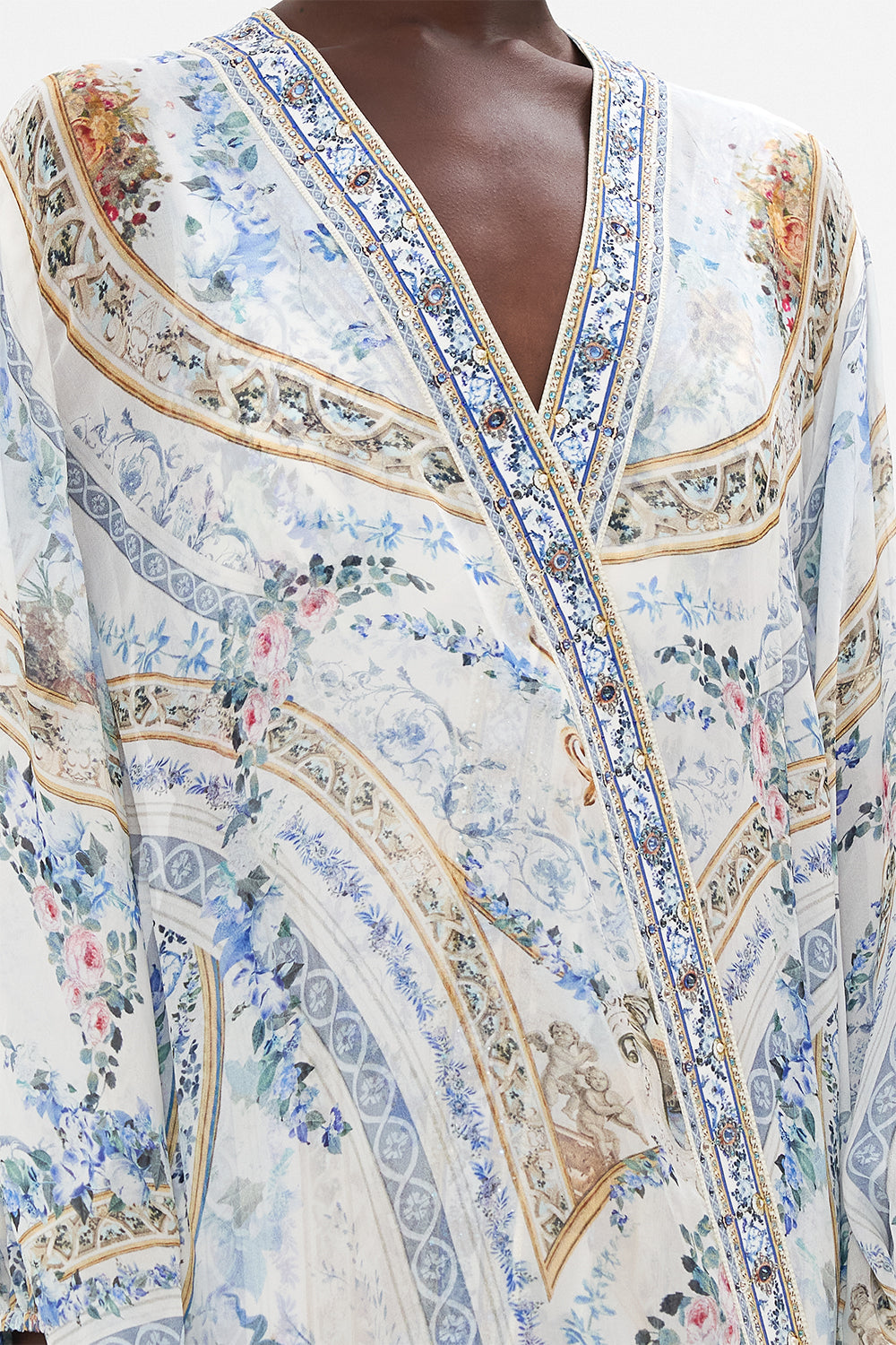 Detail view of model wearing CAMILLA silk jacket in Season Of The Sirenprint