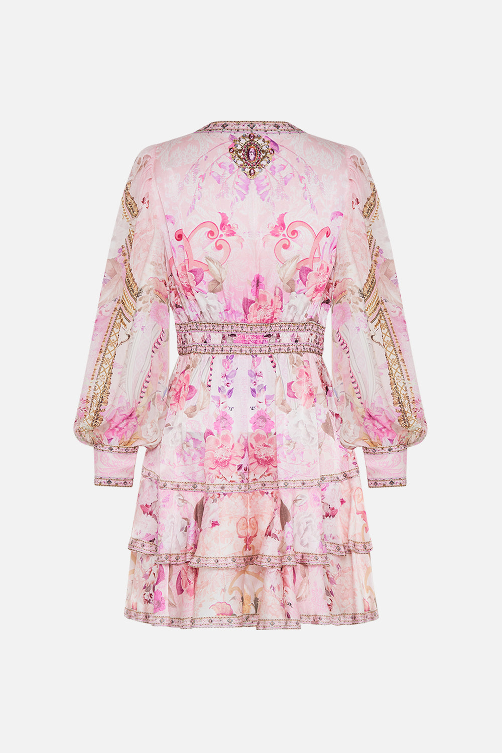 Video of model wearing CAMILLA pink silk dress in Fresco Fairytale print