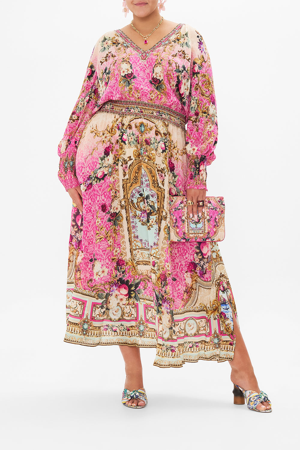 Front view of curvy model wearing CAMILLA plus size pink silk maxi dressing Call Of The Canal print