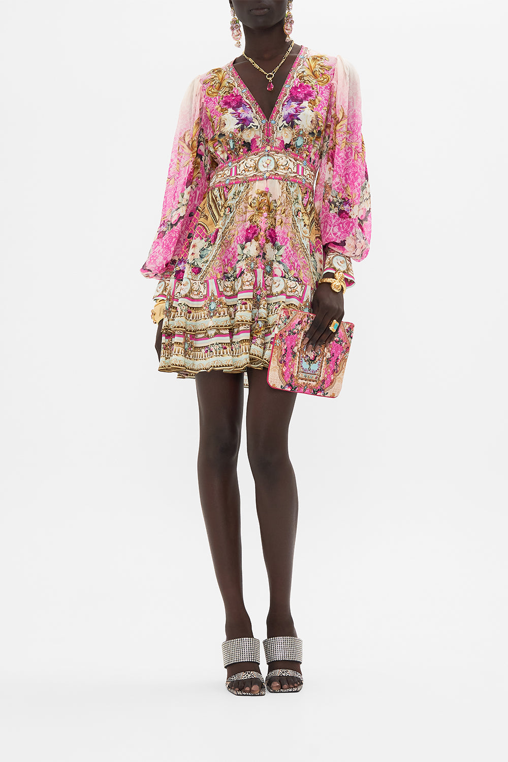 Front view of model wearing CAMILLA silk mini dress in Call of The Canal print