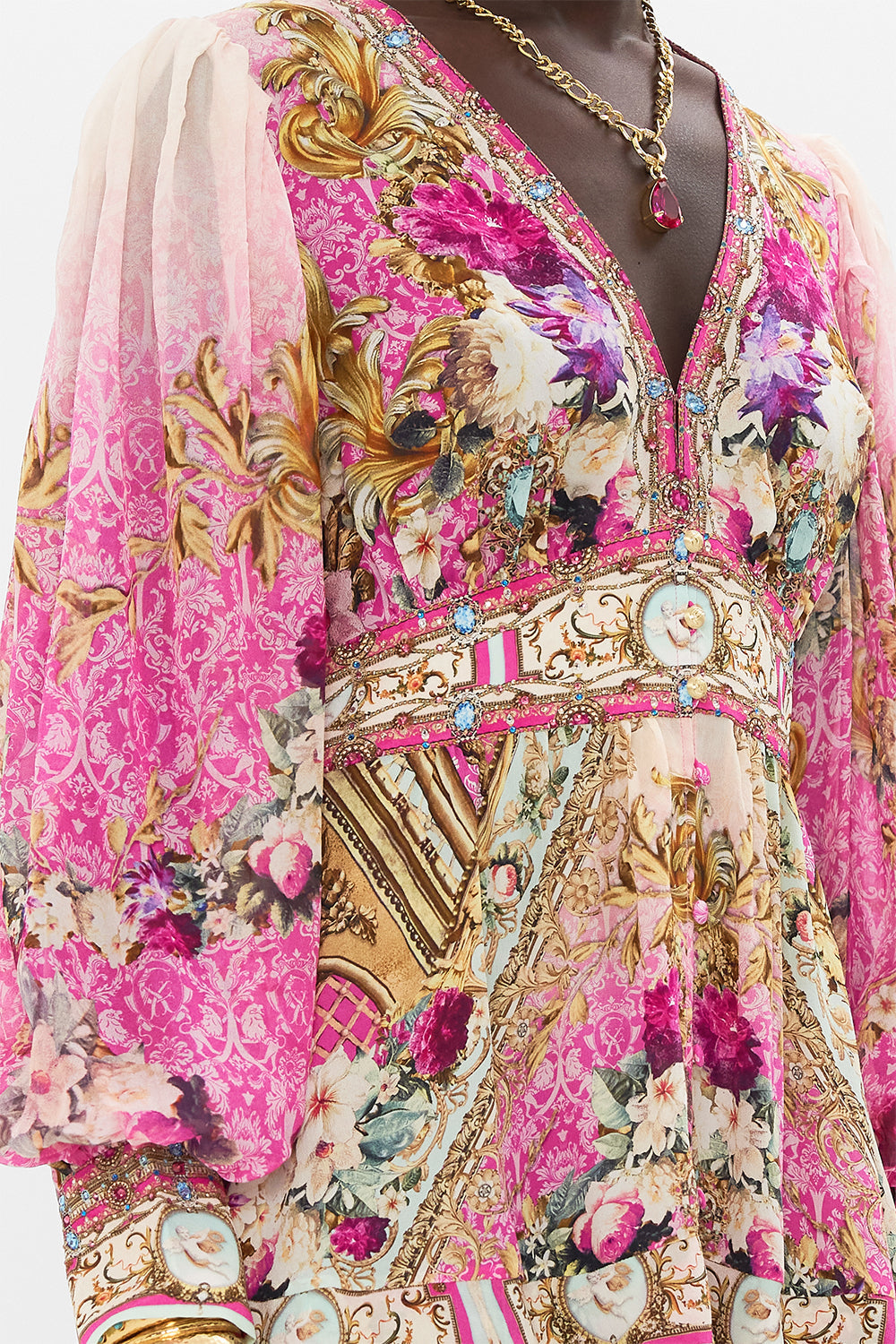 Detail view of model wearing CAMILLA silk mini dress in Call of The Canal print