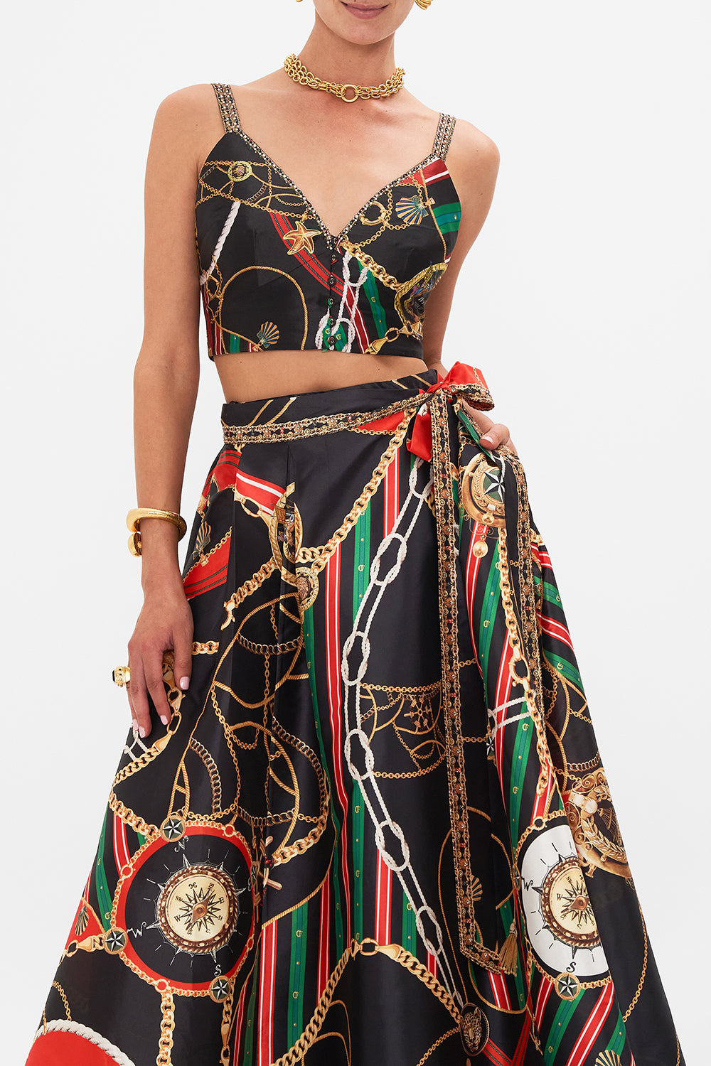 Crop view of model wearing CAMILLA designer bralette top in Club Aperitivo print