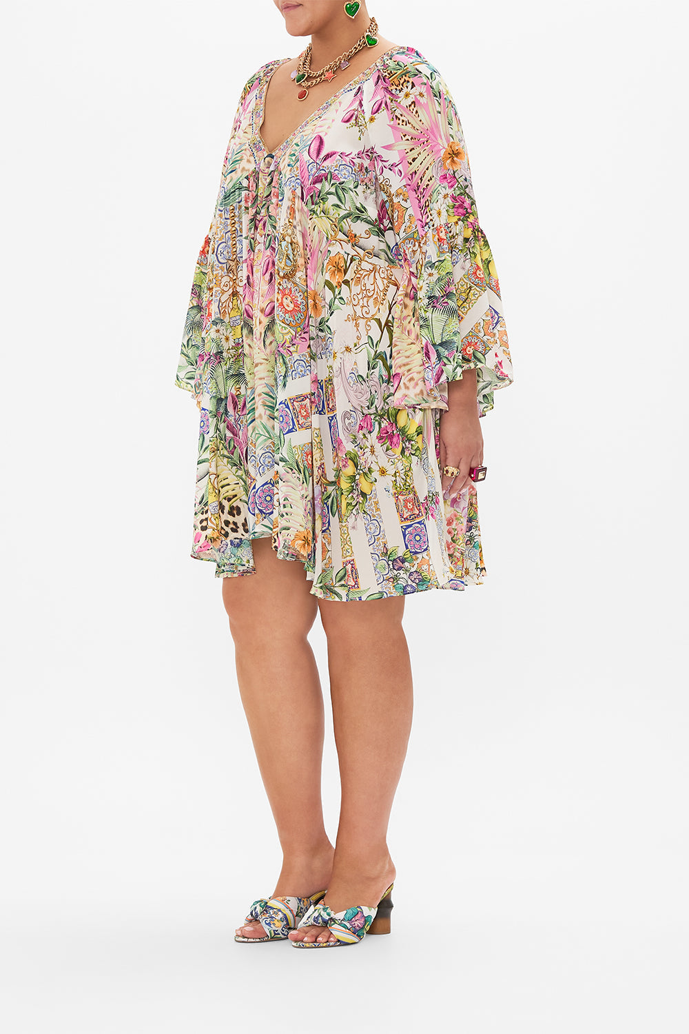 A-LINE RUFFLE SLEEVE DRESS FLOWERS OF NEPTUNE