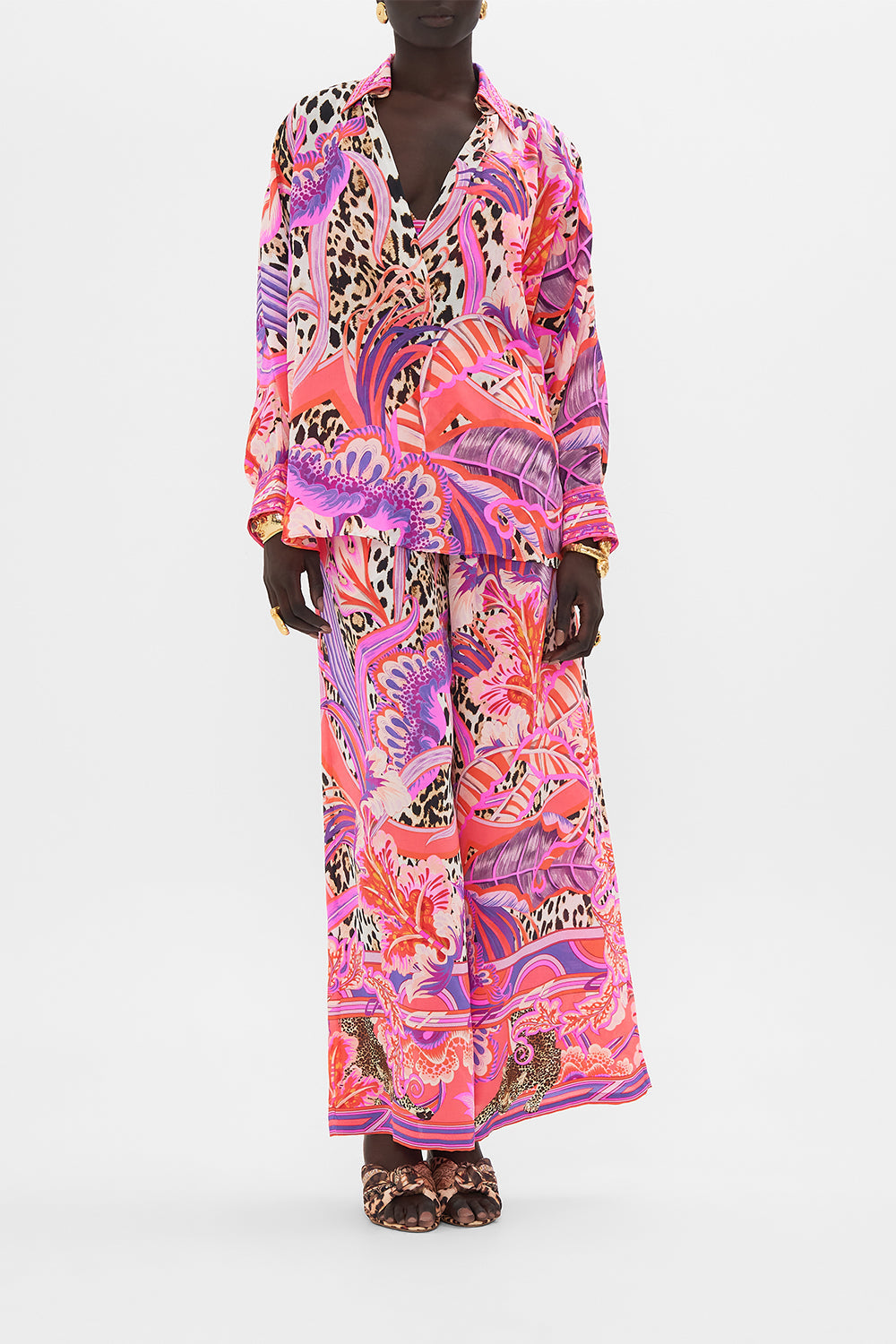 Front view of model wearing CAMILLA silk shirt in Viola Vintage print