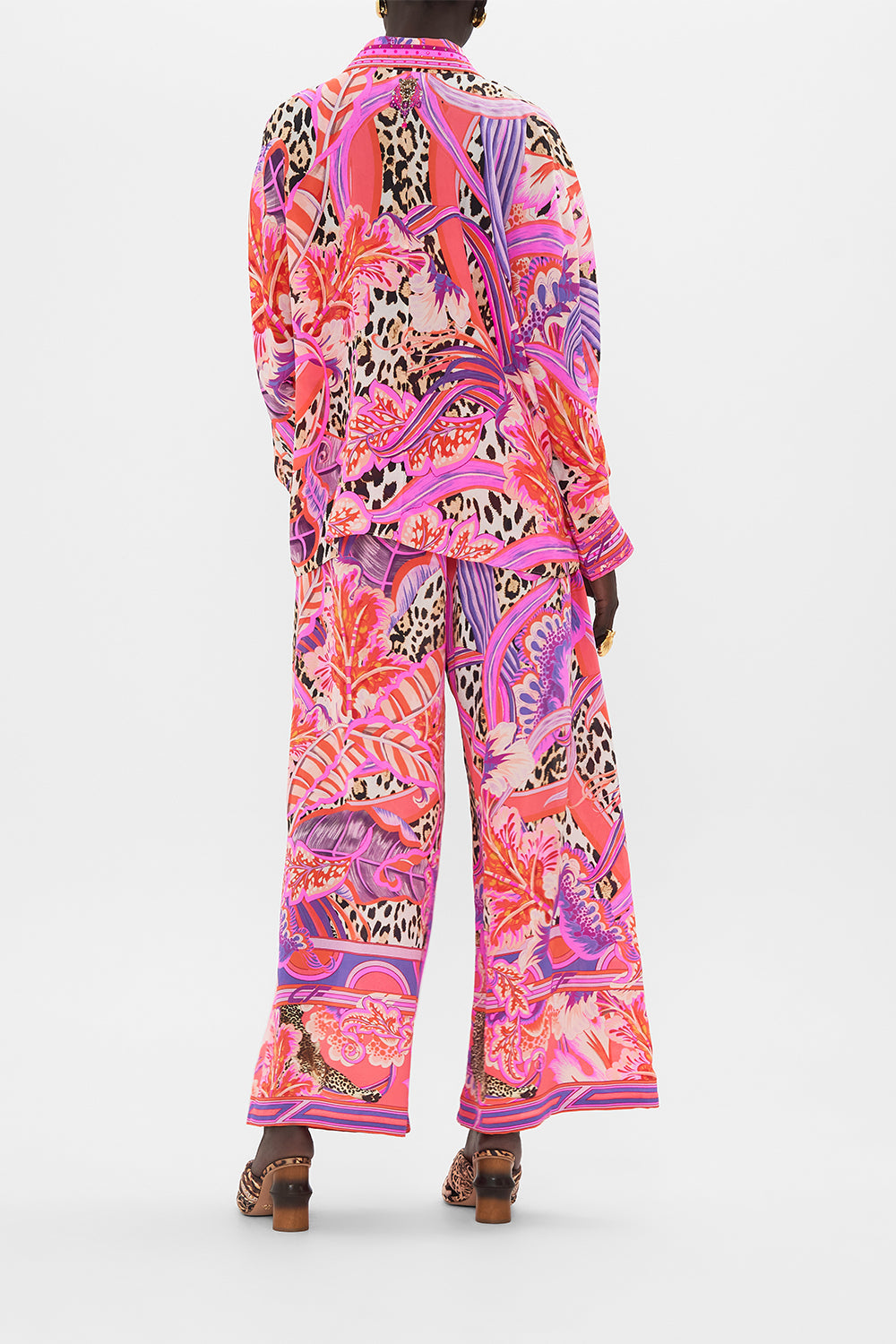 Back view of model wearing CAMILLA silk shirt in Viola Vintage print