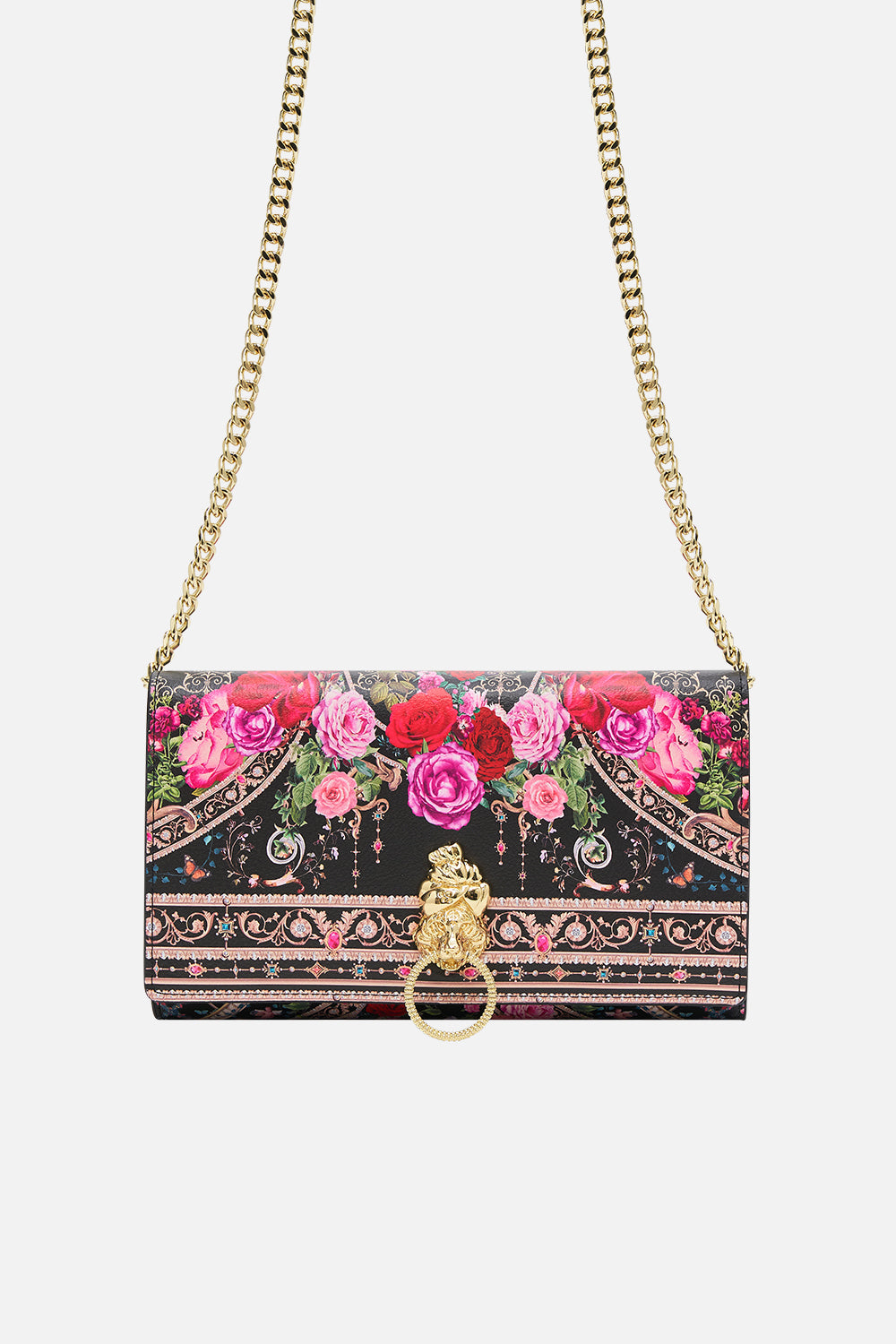 Product view of CAMILLA designer crossbody bag in Reservation For Love print