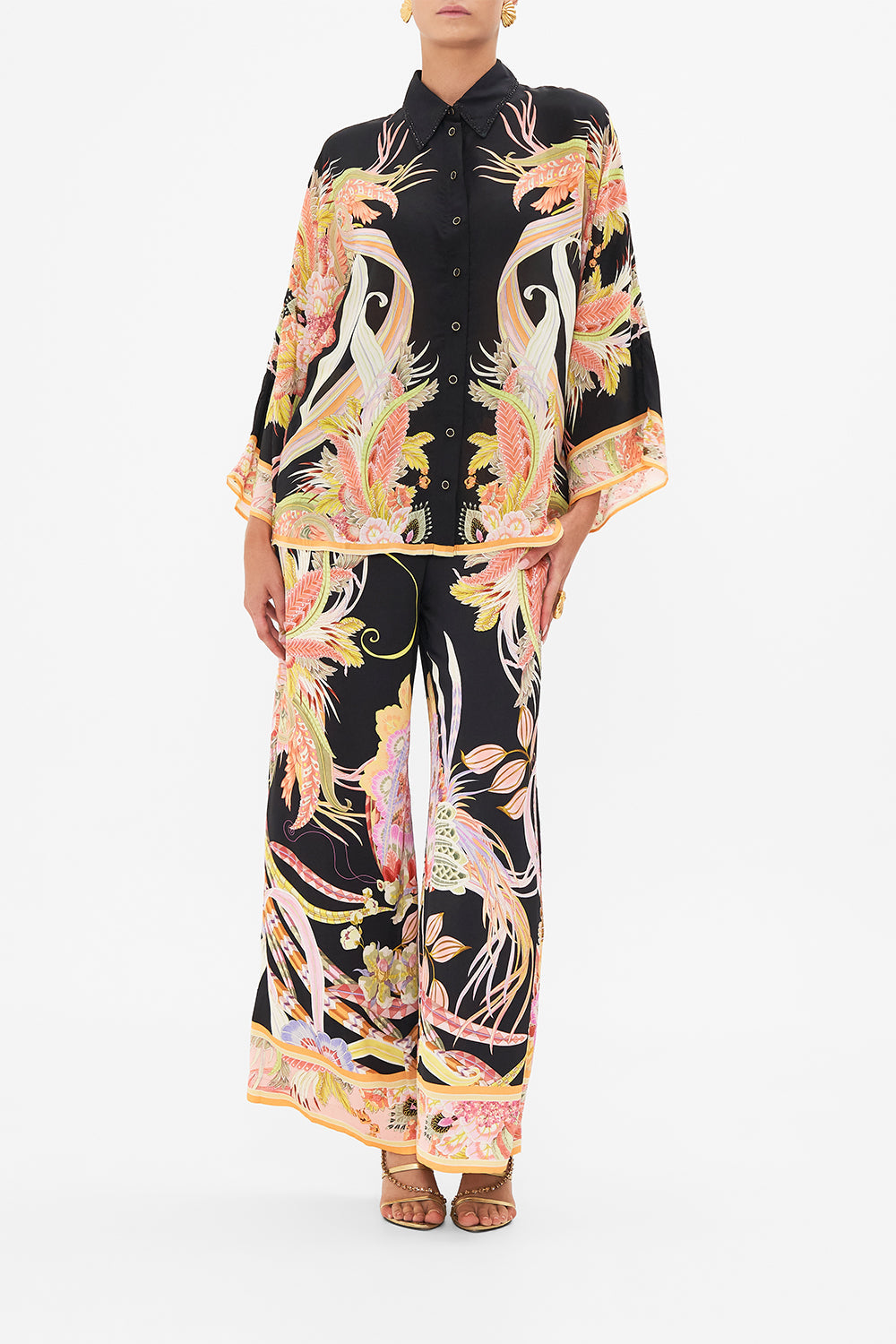 Front view of model wearing CAMILLA silk blouse in Lady Of The Moon print