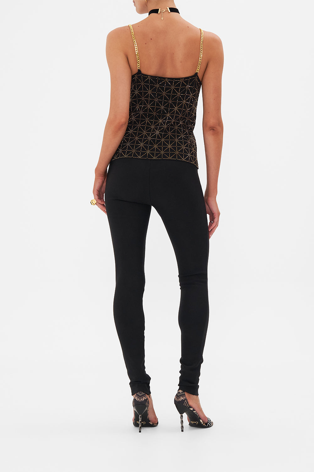 Back view of model wearing CAMILLA cami in Soul of A Stargazer print