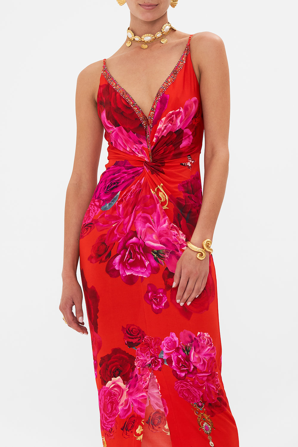 Crop view of model wearing CAMILLA floral dress in An Italain Rosa print