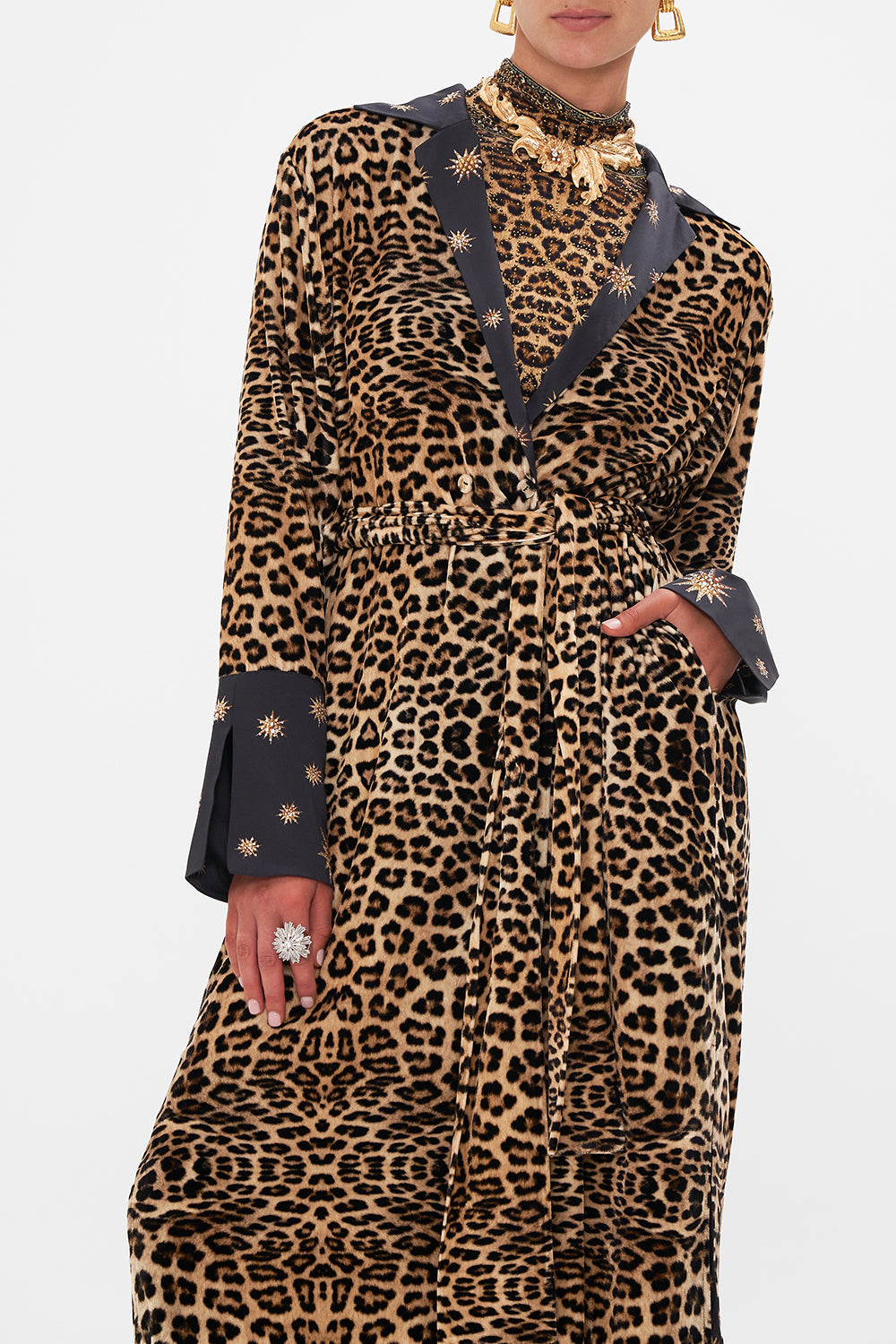 Detail view of model wearing CAMILLA silk jacket in Soul of A Star Gazer print