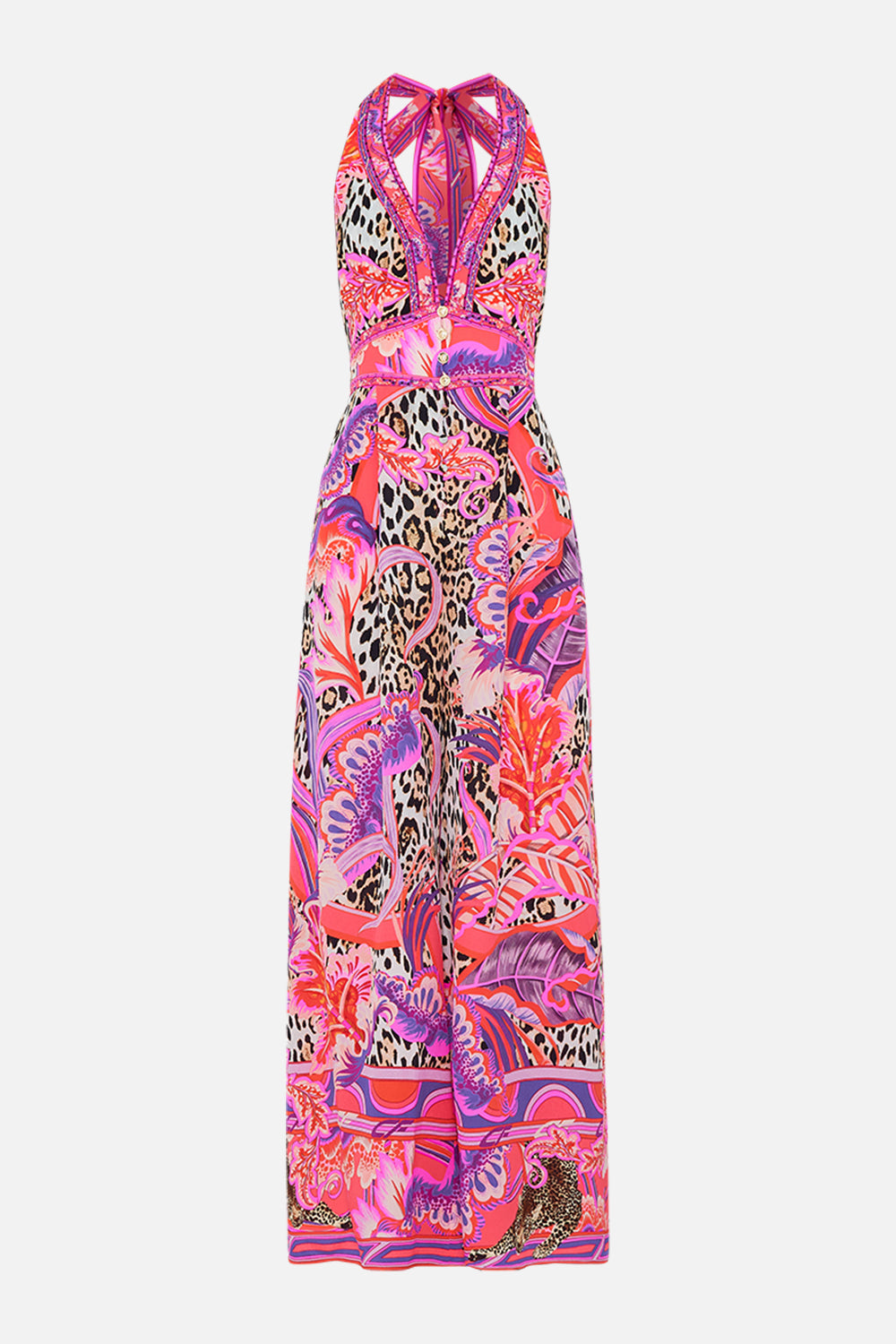 Product view of CAMILLA silk halterneck jumpsuit in Viola Vintage print
