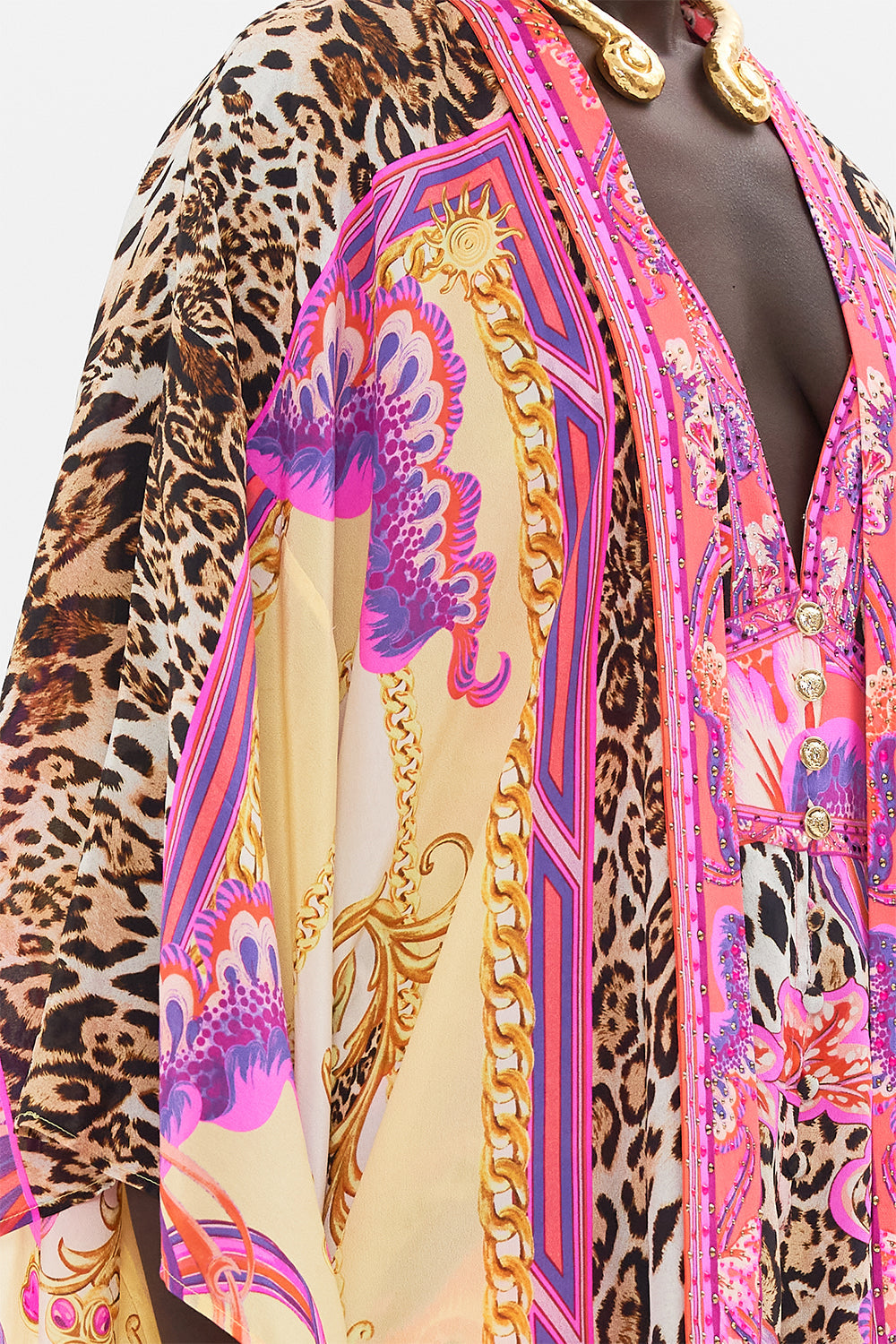 Detail view of model wearing CAMILLA silk kimono jacket in Viola Vintage print