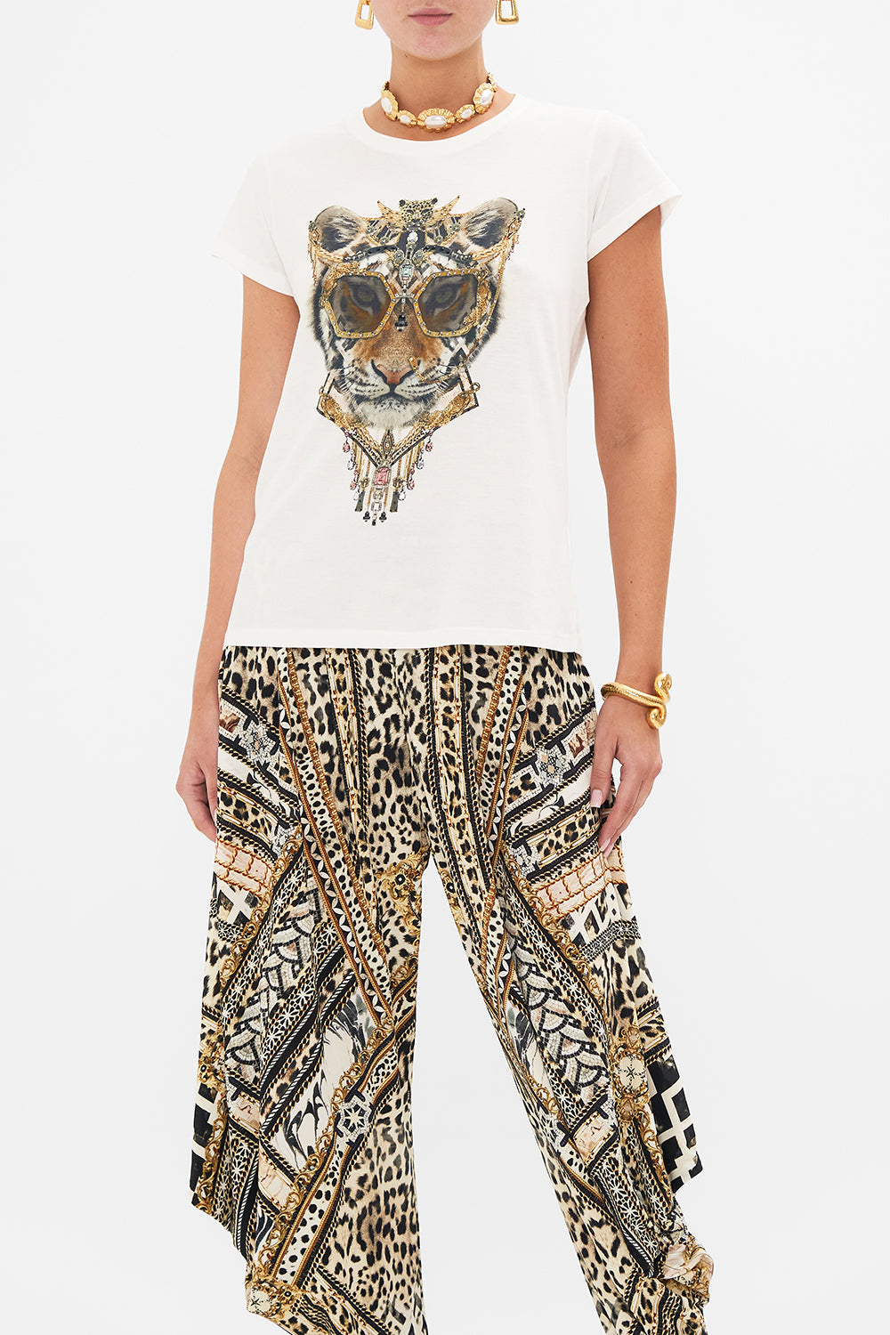 Crop view of model wearing CAMILLA animal print t shirt in Mosaic Muse