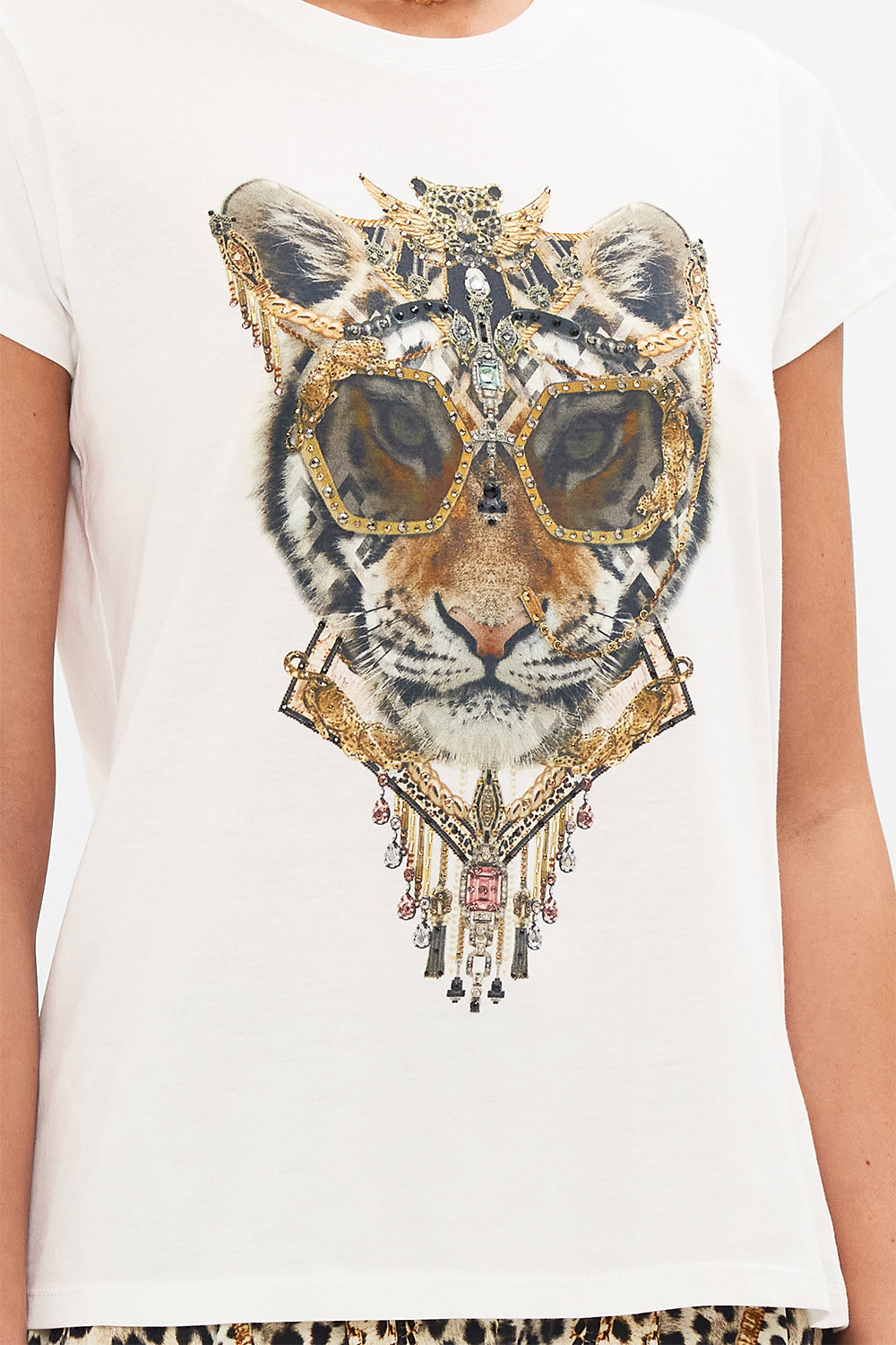 Detail view of model wearing CAMILLA animal print t shirt in Mosaic Muse