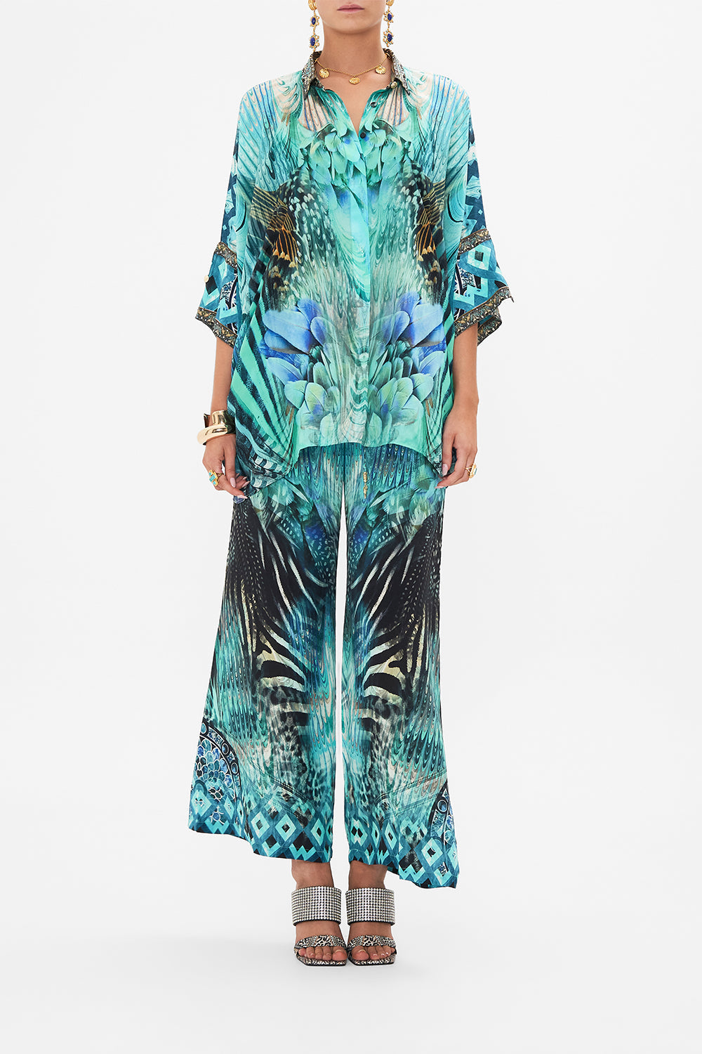 Style view of model wearing CAMILLA silk shirt in Azure Allure print