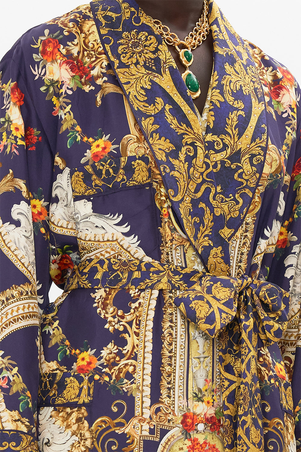 Detail view of model wearing CAMILLA silk robe in Venice Vignette print