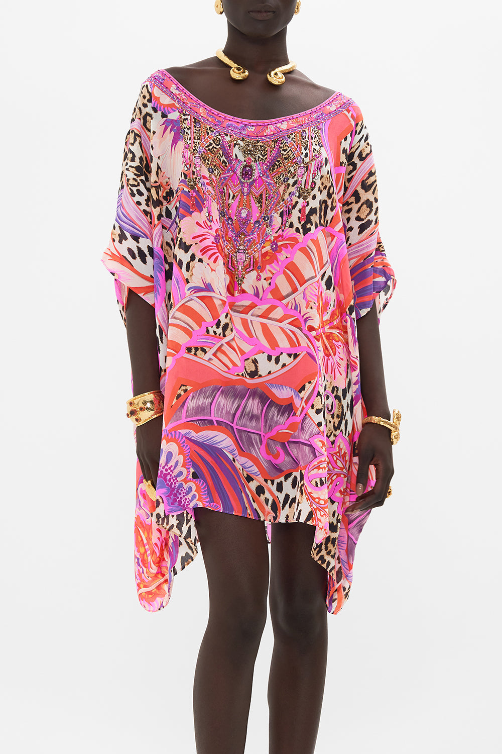 Crop view of model wearing CAMILLA purple silk kaftan in Viola Vintage print