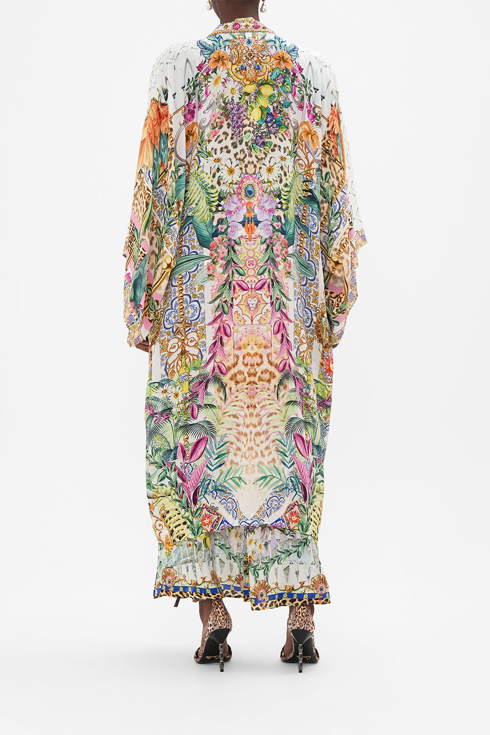 Back view of model wearing CAMILLA floral silk kimono in Flowers of Neptune print