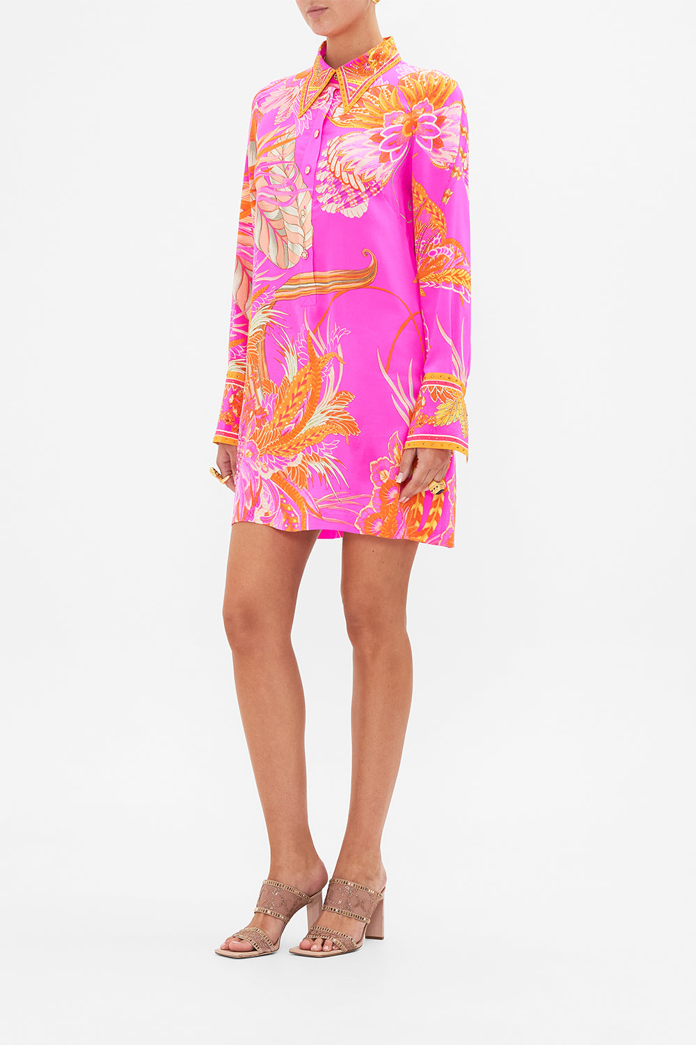 Side view of model wearing CAMILLA silk shirt dress in A Heart That Flutters print