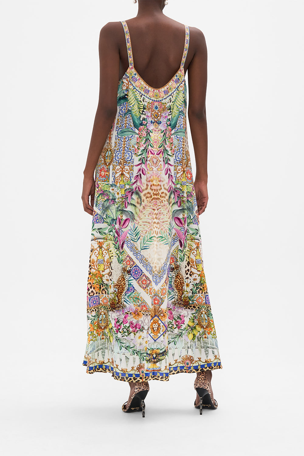 Back view of model wearing CAMILLA floral silk slip dress in Flowers Of Neptune print