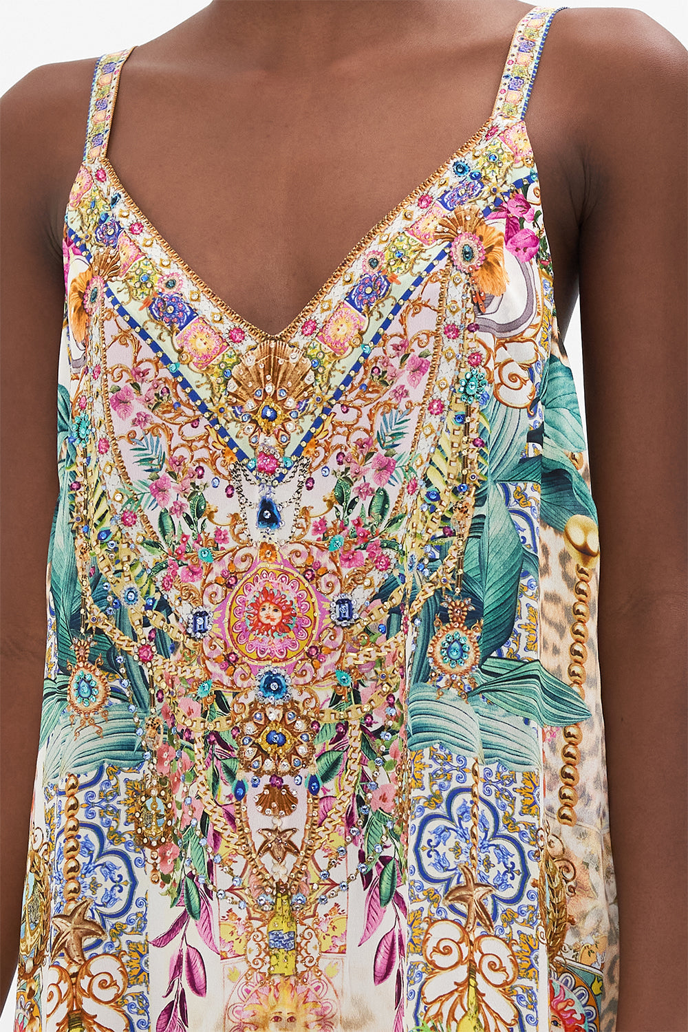 Detail view of model wearing CAMILLA floral silk slip dress in Flowers Of Neptune print