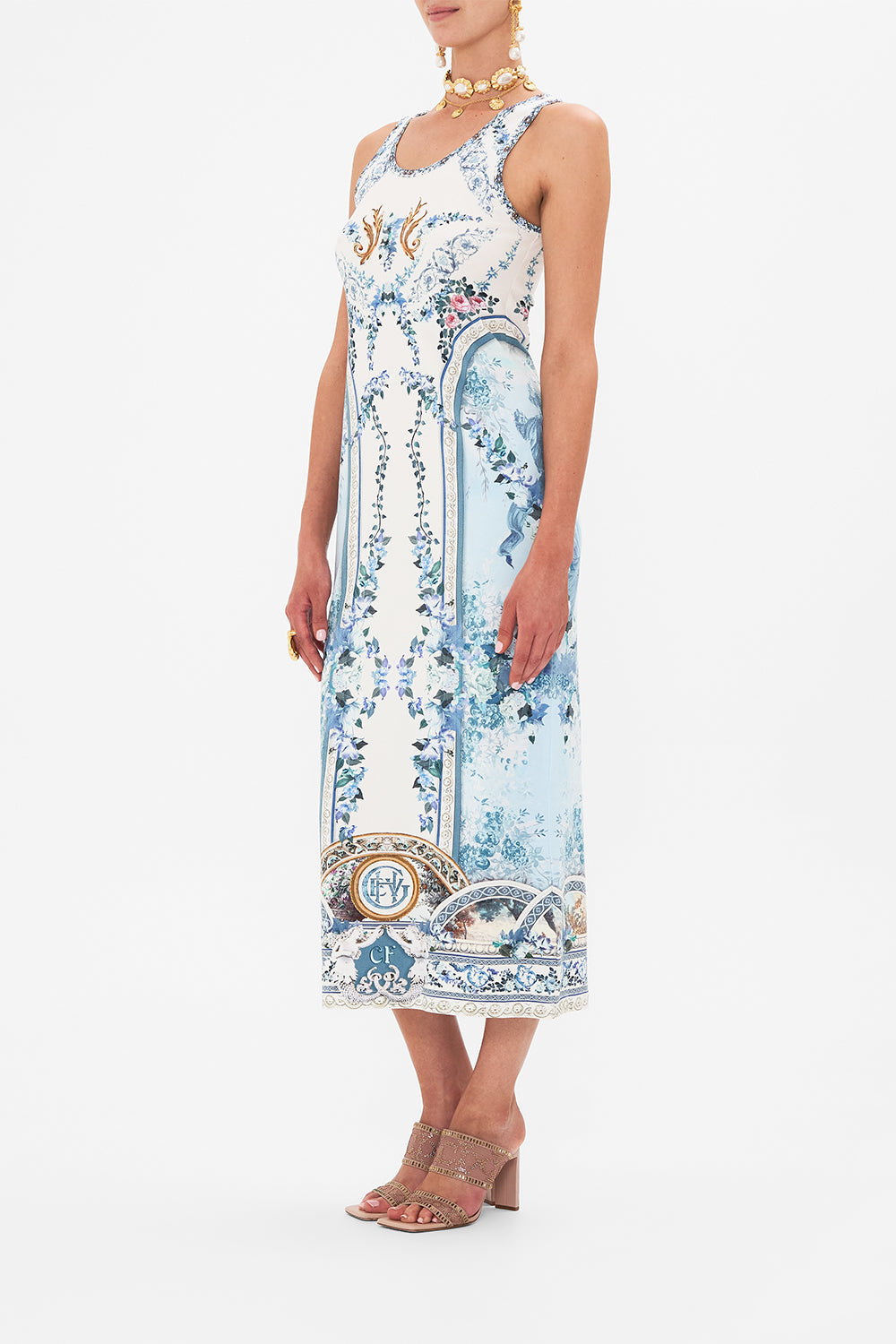 Side view of model wearing CAMILLA Jersey tank dress in Seasson of The Siren print