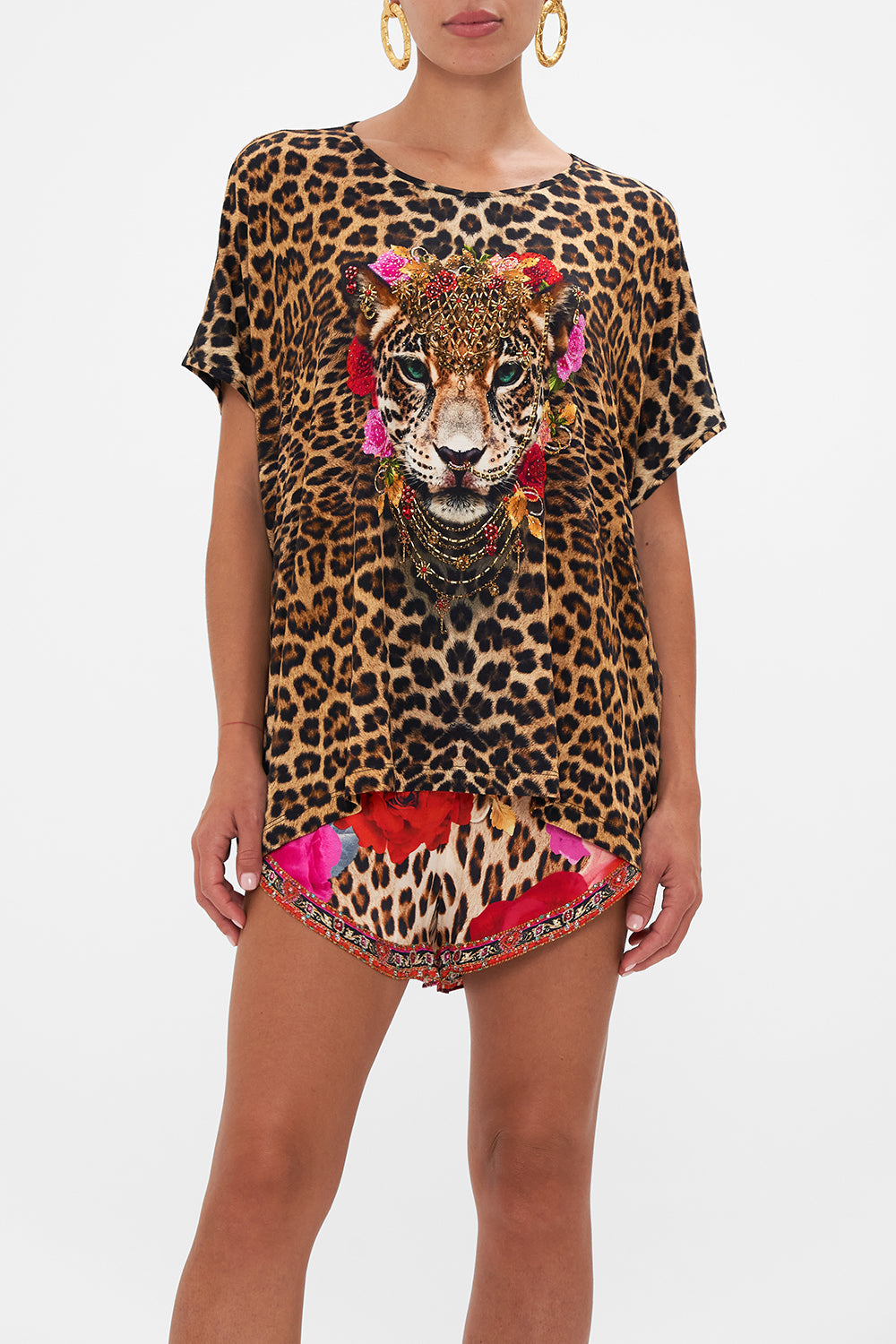 Crop view of model wearing CAMILLA womens t shirt in Heart Like A Wildflower print