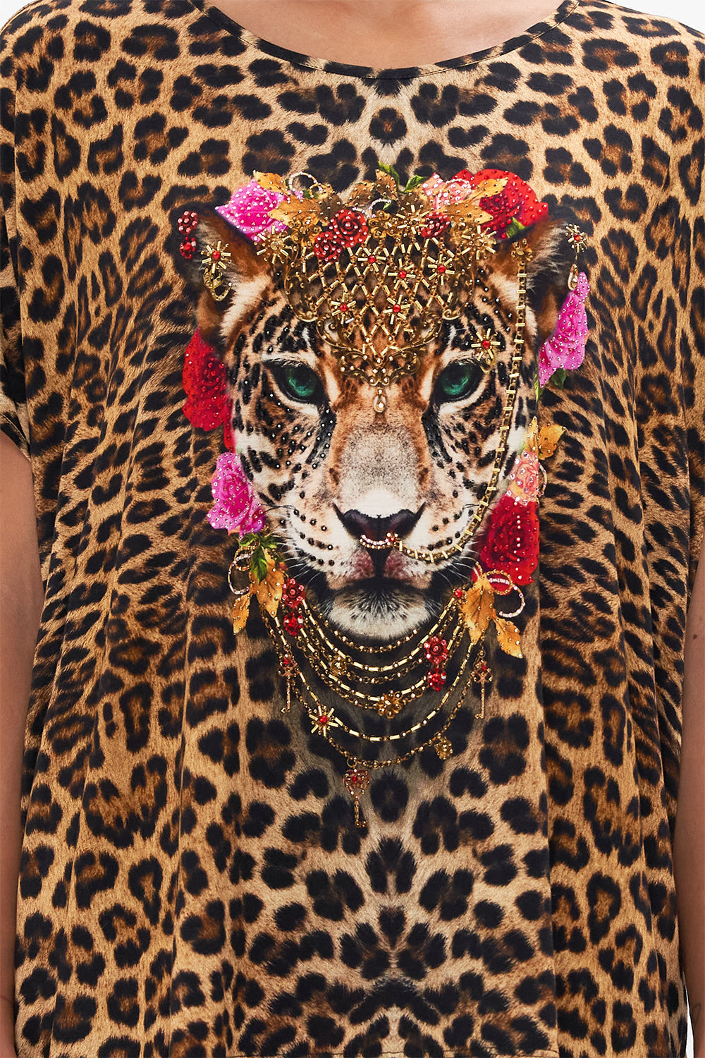 Detail view of model wearing CAMILLA womens t shirt in Heart Like A Wildflower print