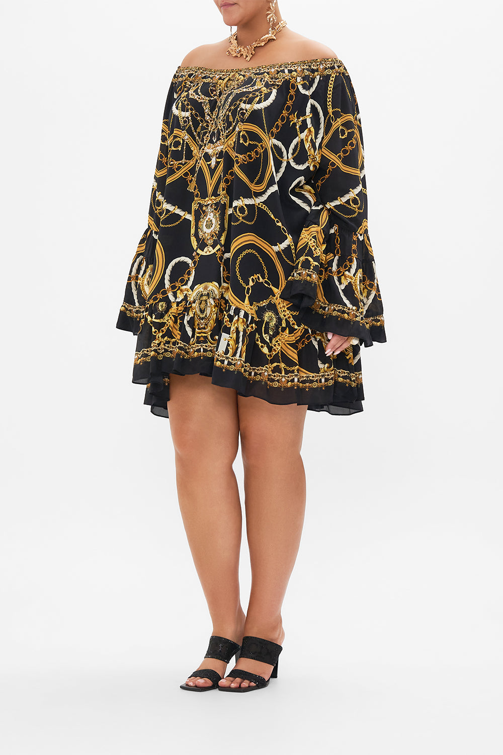 Front view of curvy model wearing CAMILLA plus size black silk tunic dress in Coast To Coast print