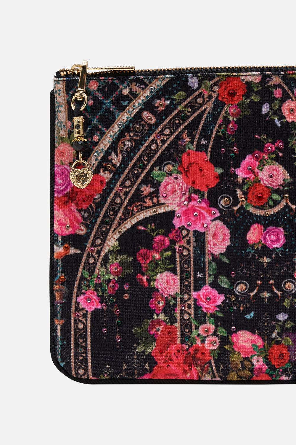 Product view of CAMILLA designer clutch bag in Reservation For Love print