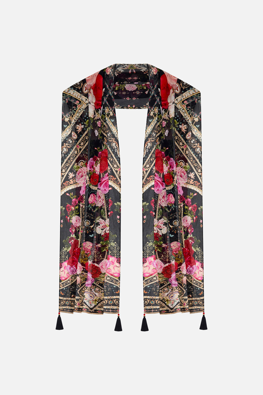 Product view of CSAMILLA floral print long silk scarf in Reservation For Love print